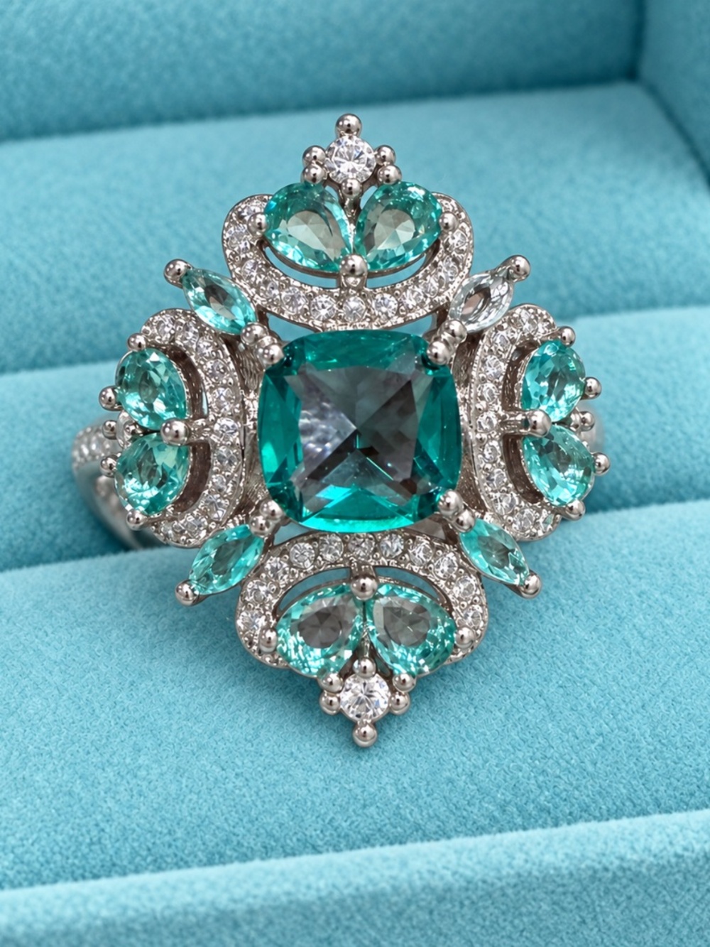 Teal Blue Statement Ring, Adjustable Size 6–8, Silver-Tone Scrollwork with Aqua